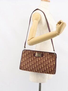 Christian Dior Trotter Canvas Shoulder Bag Red Gold Auth 160953
